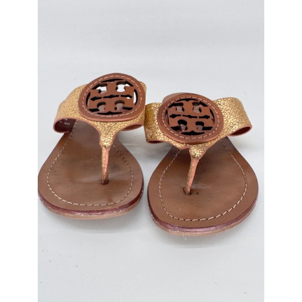 Tory Burch Miller Metallic Gold Leather Logo Thong Sandals Women's 5.5